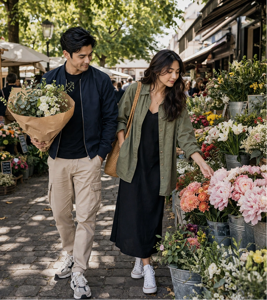 Michael and Daisy walking through flowers